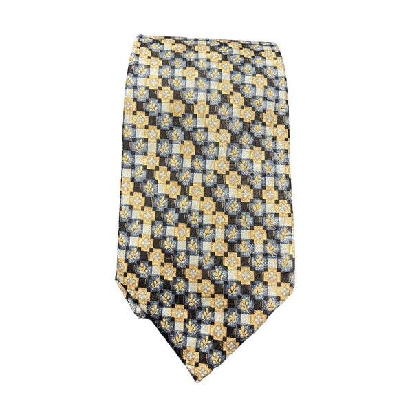 Ermenegildo‎ Zegna Luxury Silk Tie Gold Blue Geometric Floral Pattern Z-109
